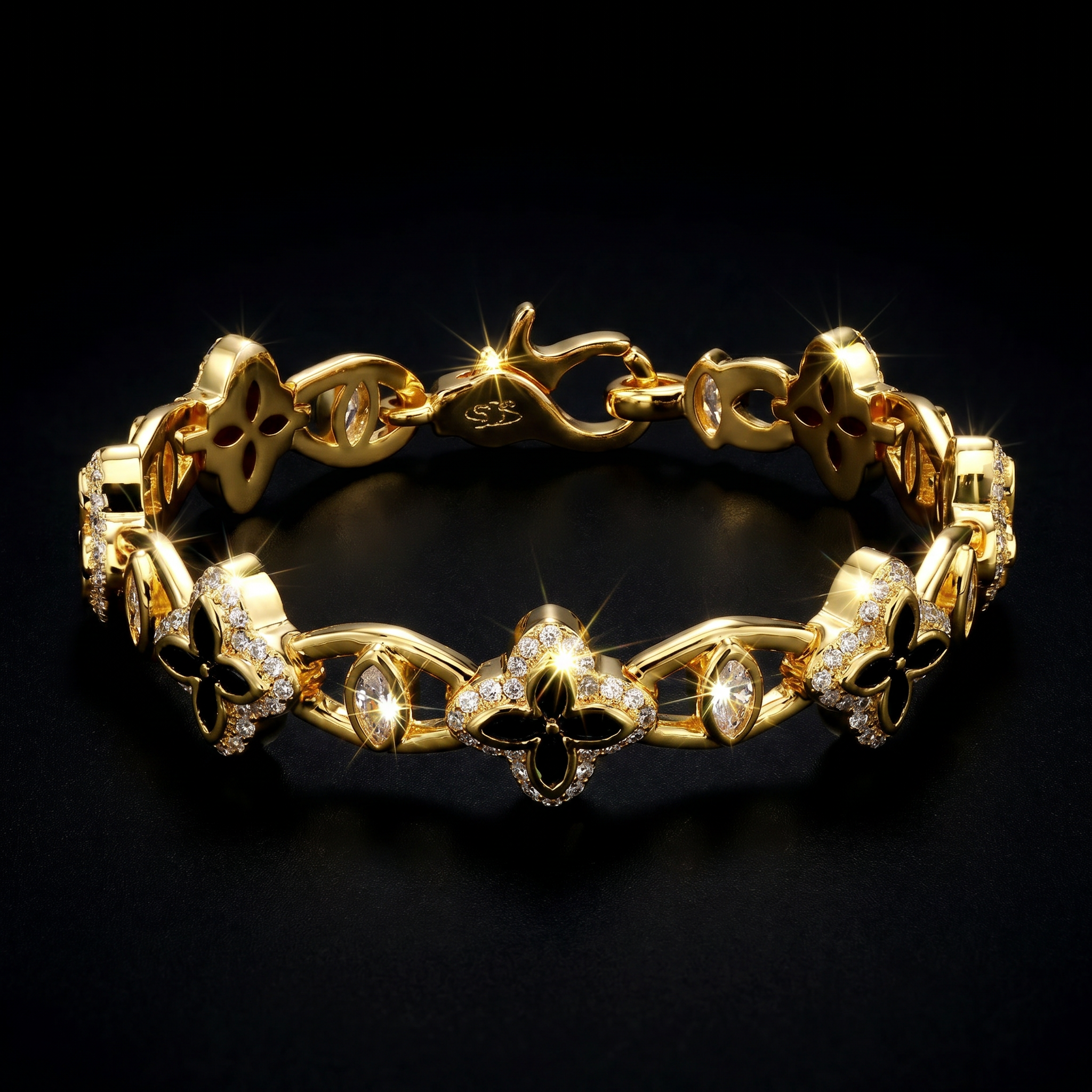 14K Gold Plated 10mm Iced Black Clover Eyes Bracelet