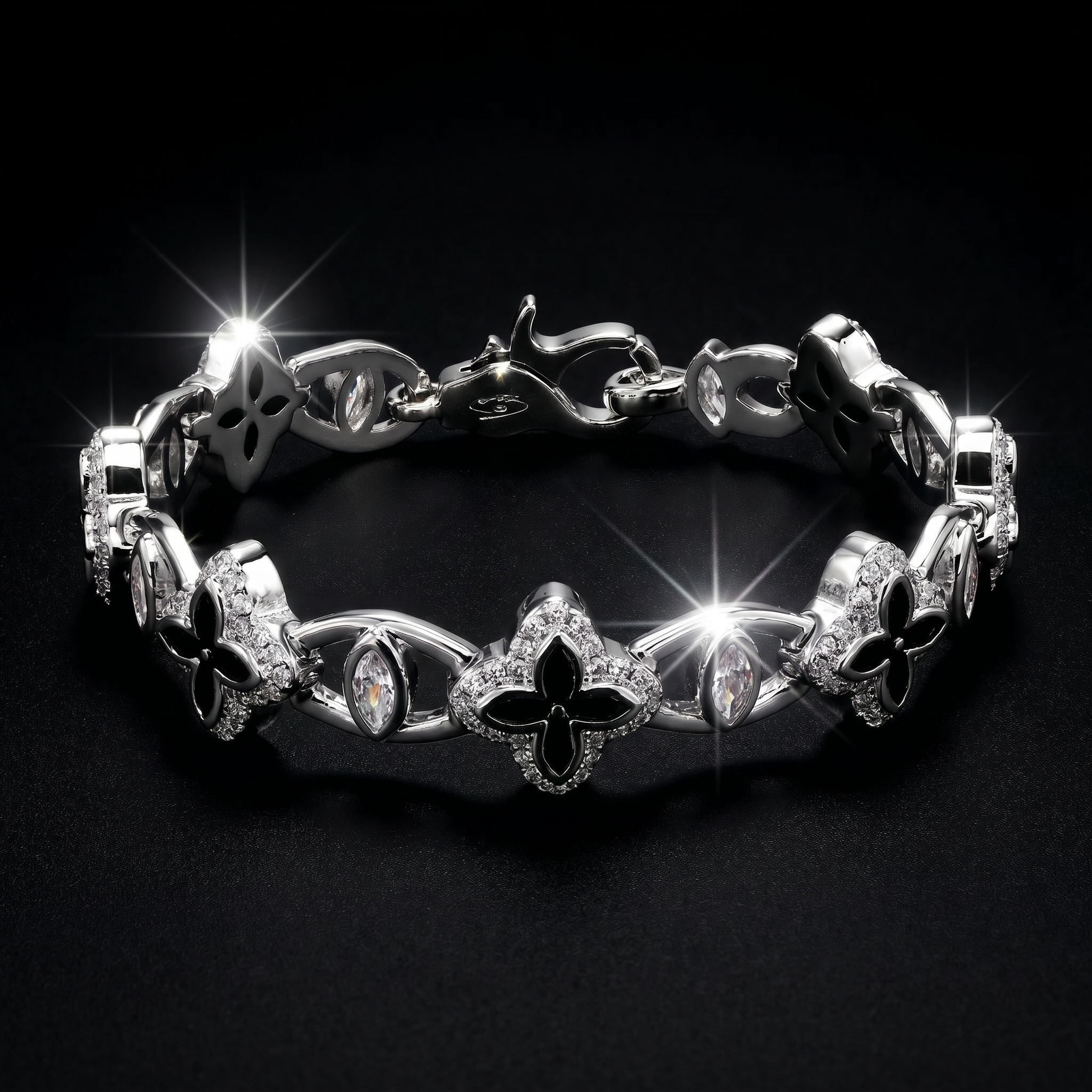 White Gold Plated 10mm Iced Black Clover Eyes Bracelet