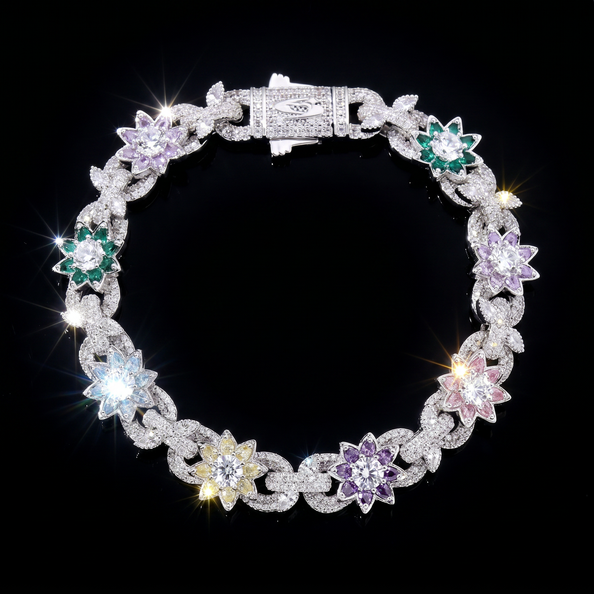 White Gold-Plated Colorful Flower Iced Out Cuban Bracelet