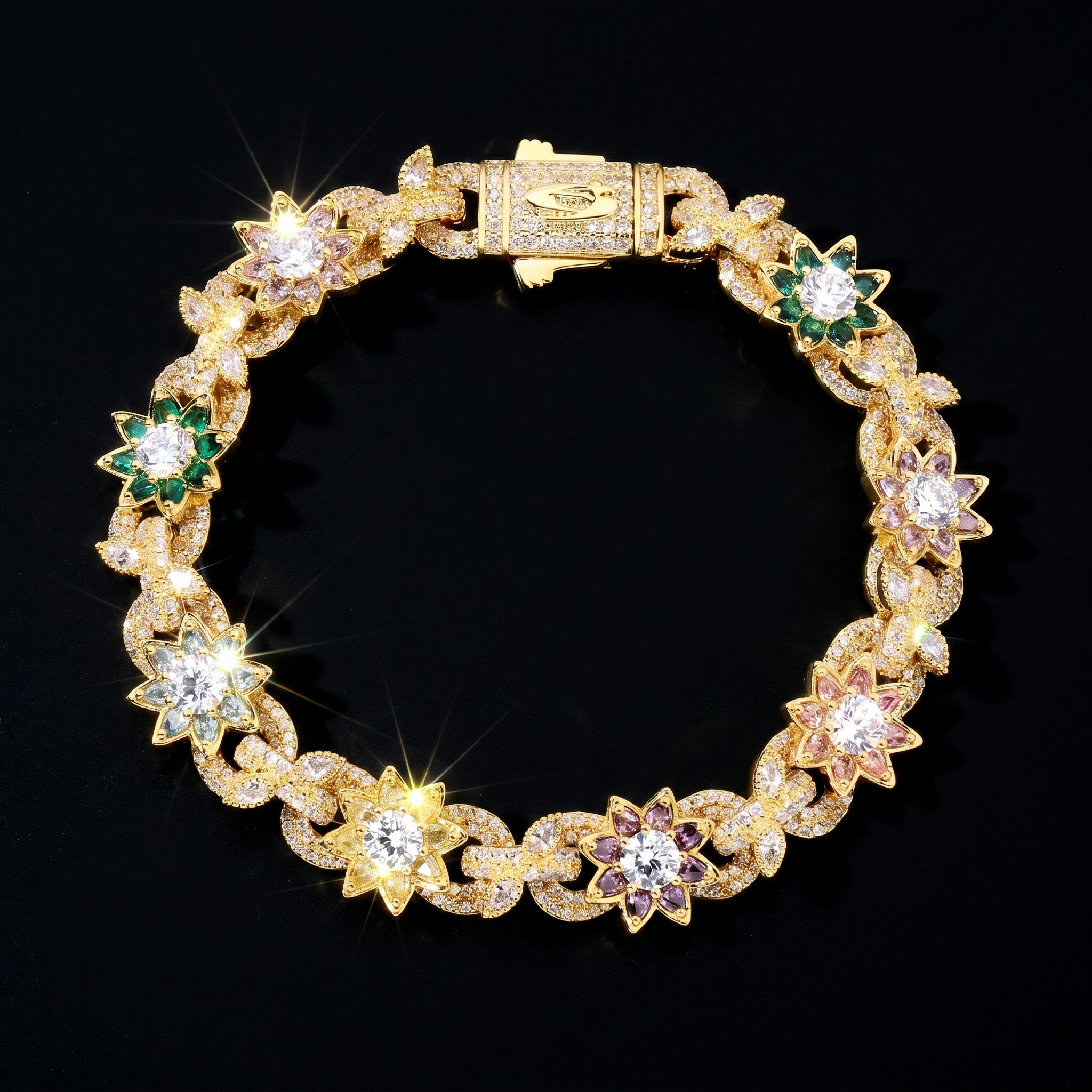 14K Gold Plated Colorful Flower Iced Out Cuban Bracelet