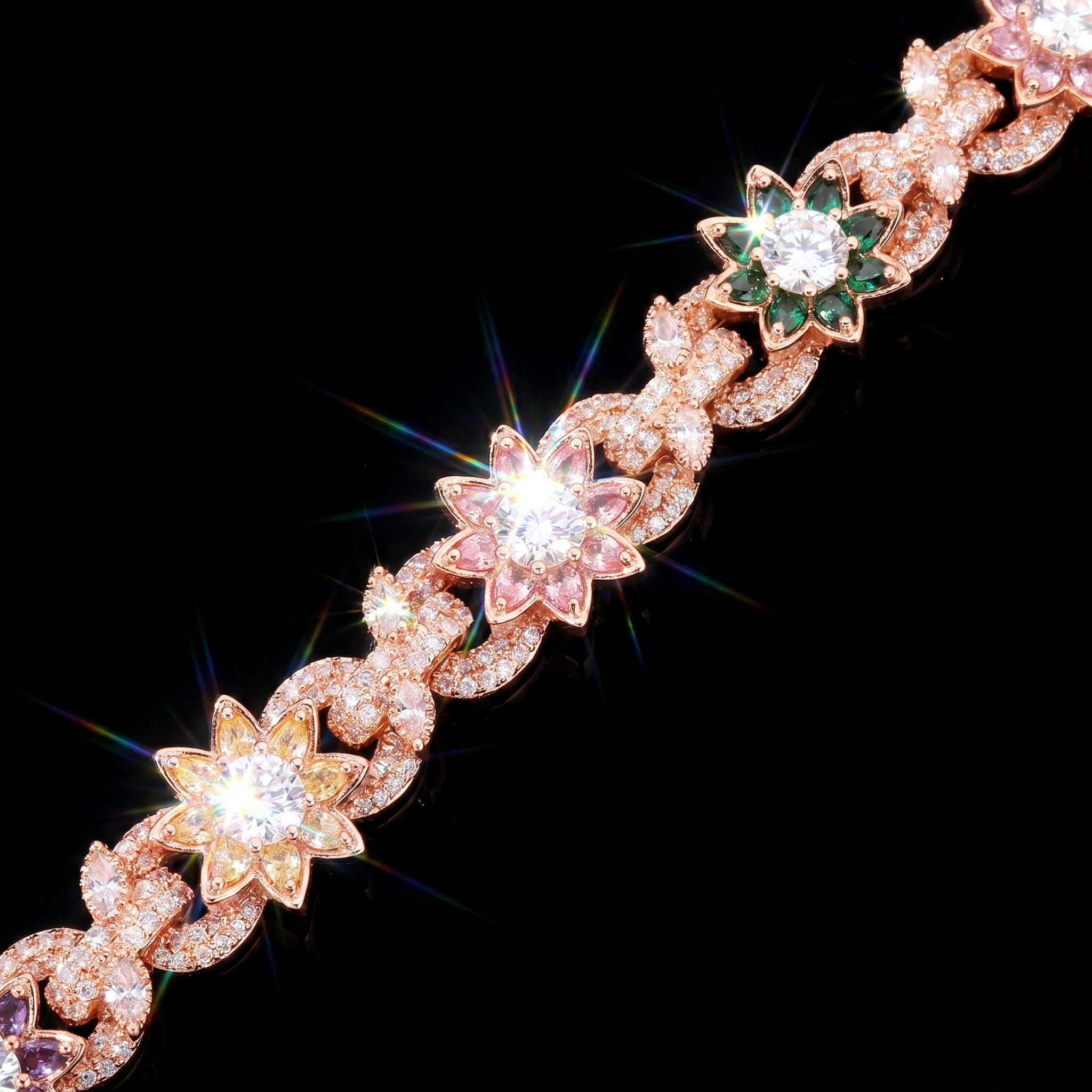 Rose Gold Plated Colorful Flower Iced Out Cuban Bracelet