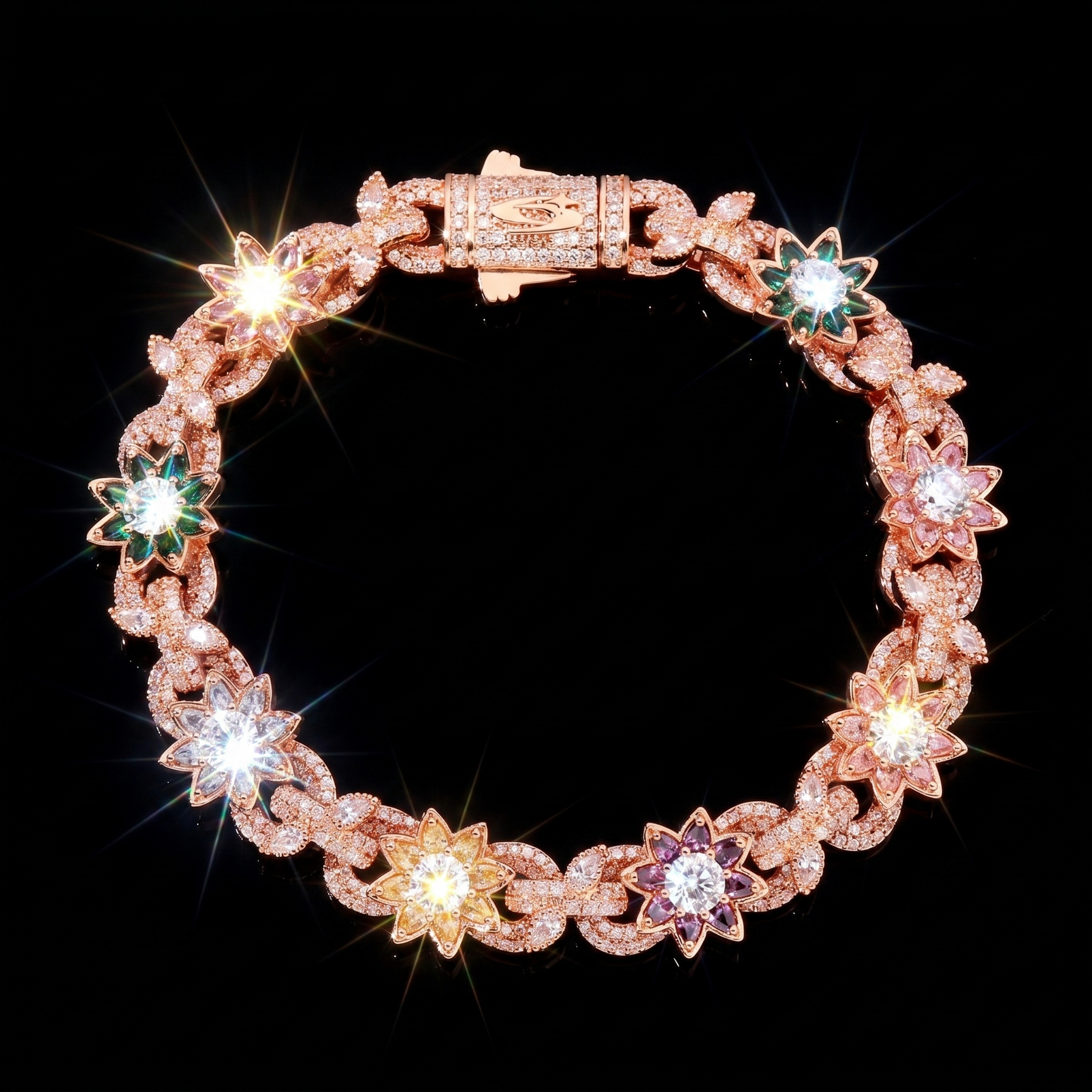 Rose Gold Plated Colorful Flower Iced Out Cuban Bracelet