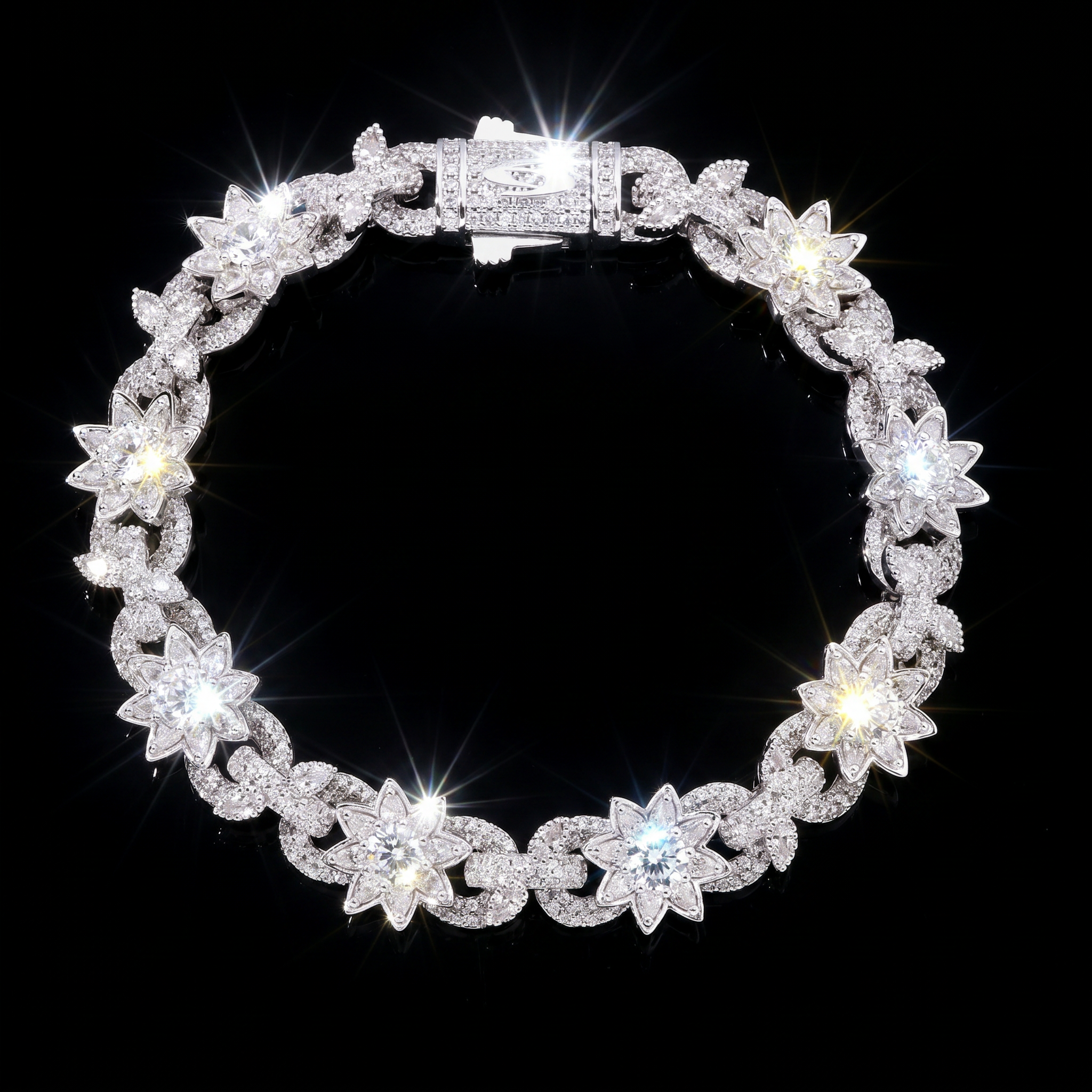 White Gold Plated Flower Iced Out Cuban Bileklik | G Central Store