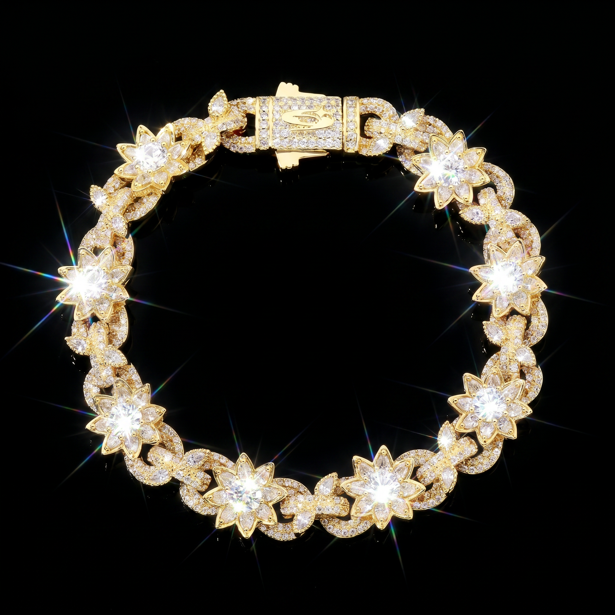 14K Gold Plated Flower Iced Out Cuban Bracelet