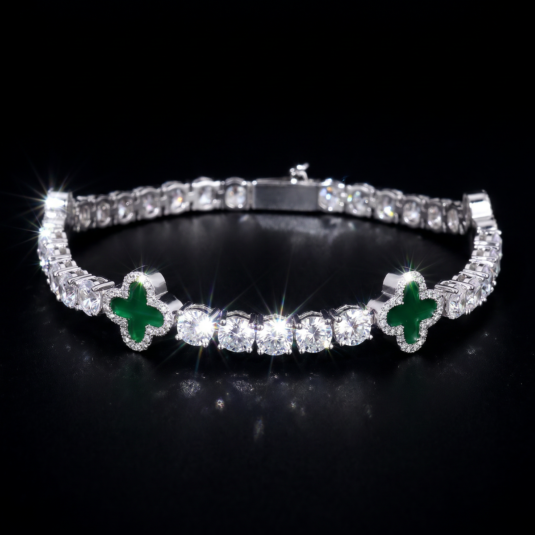 5mm Green Motif White Gold Plated Tennis Bracelet