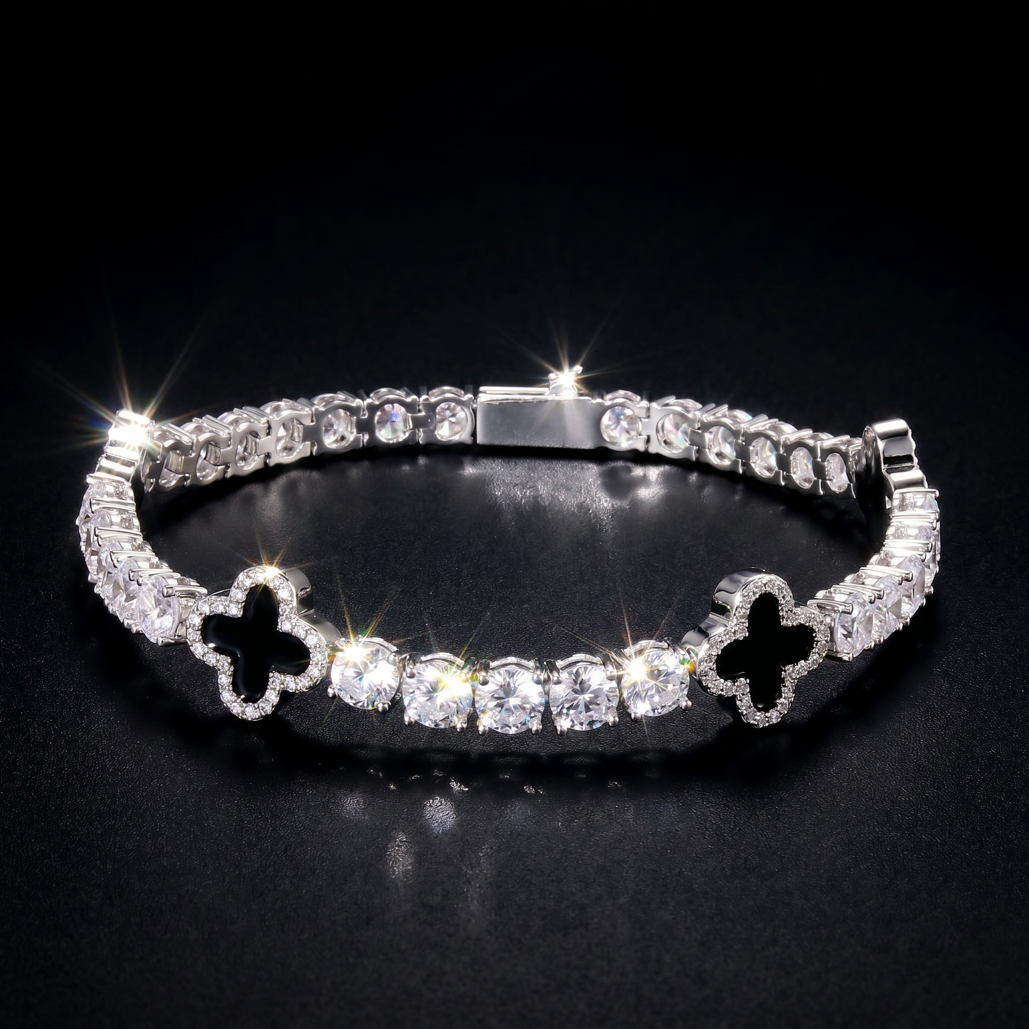 5mm Black Motif White Gold Plated Tennis Bracelet