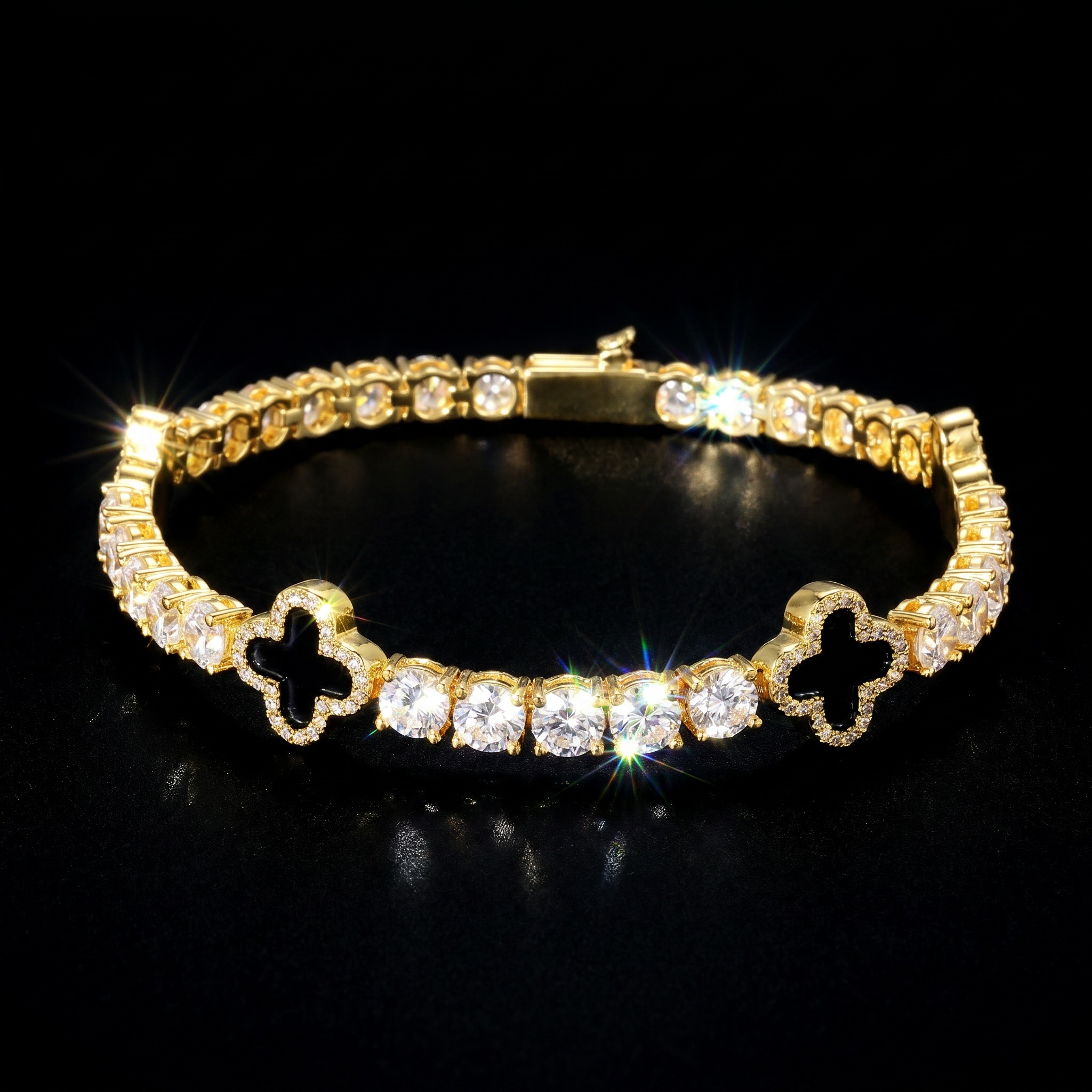 5mm Black Motif 14K Gold Plated Tennis Bracelet