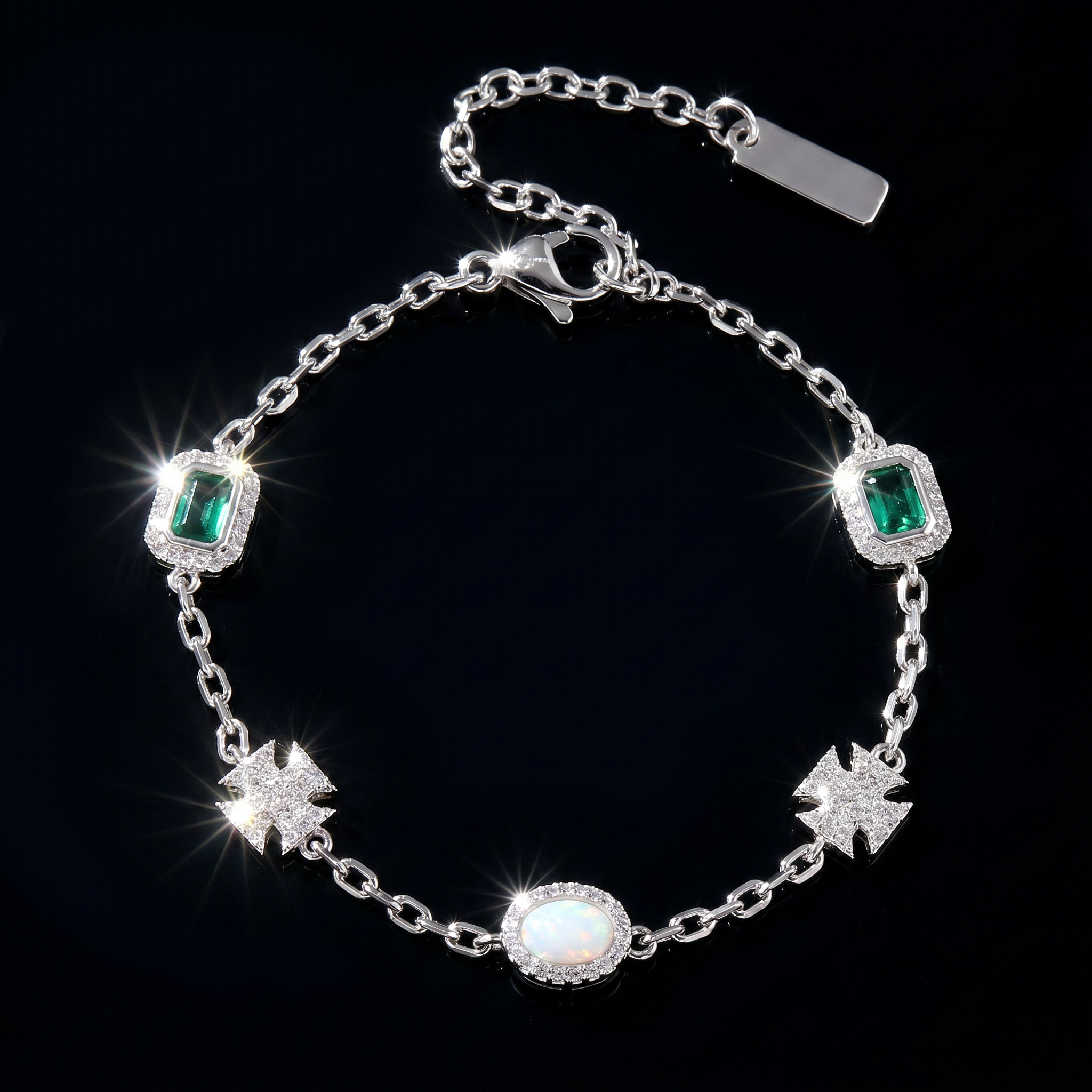 White Gold Plated Thin Emerald Iced Motifs Bracelet