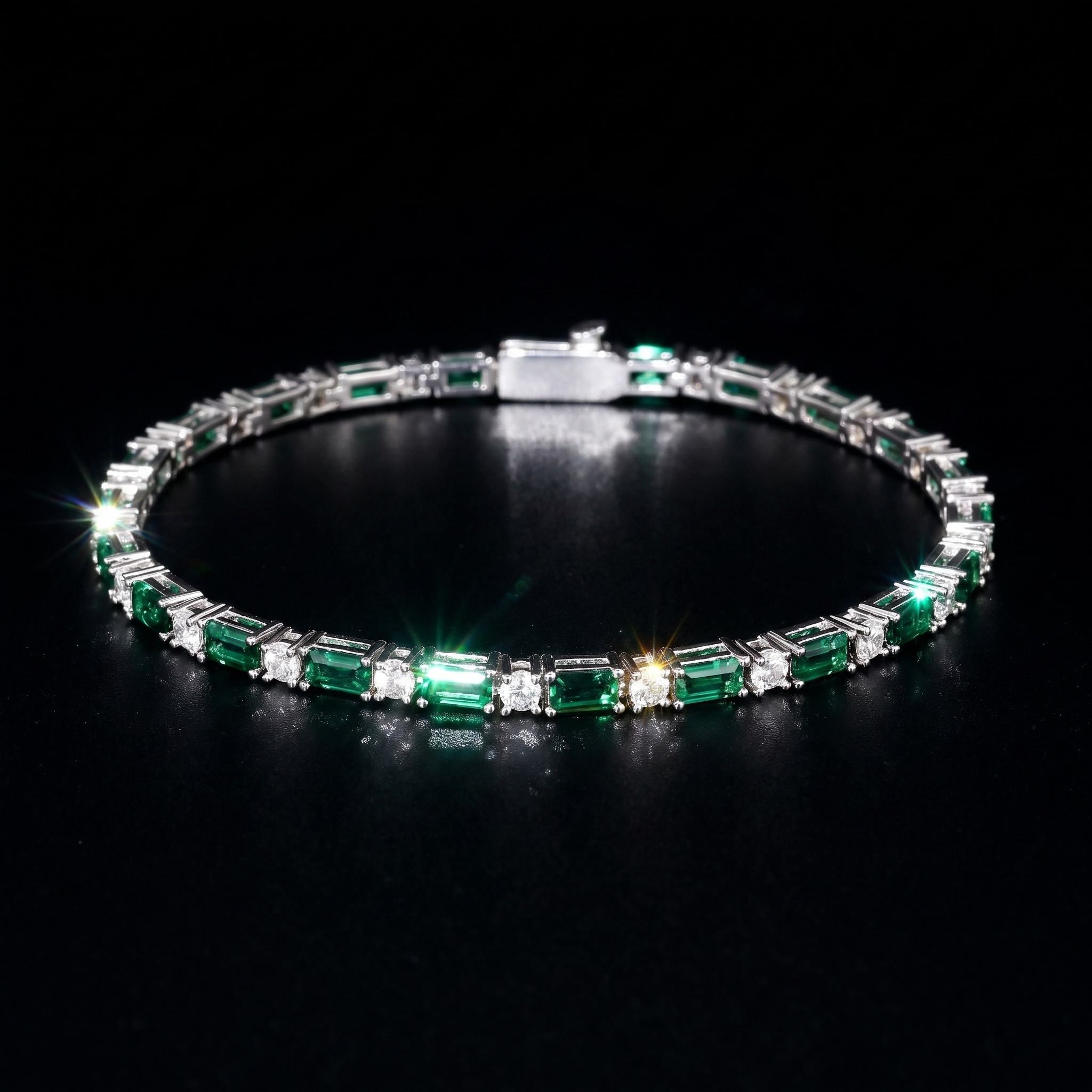 White Gold Plated 2mm Emerald- White Tennis Bracelet