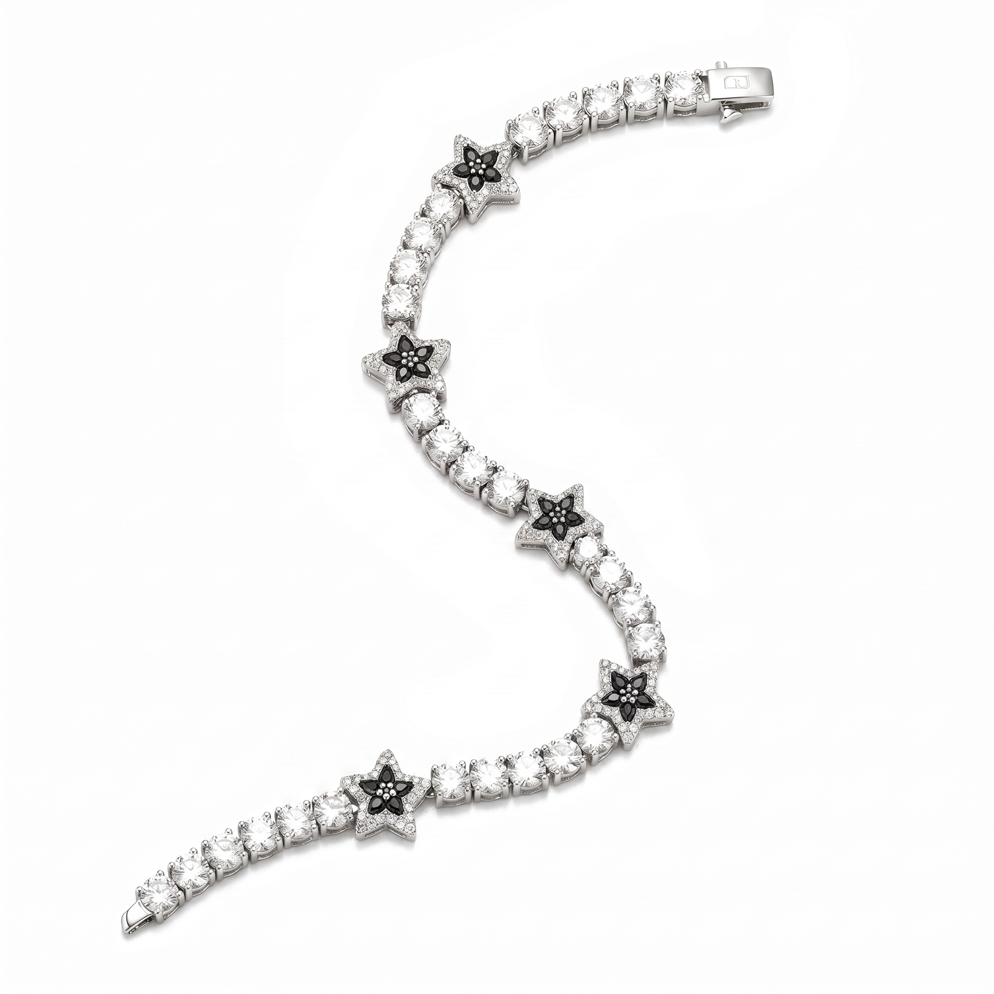 10mm White Gold Plated Black Star Motif Bracelet