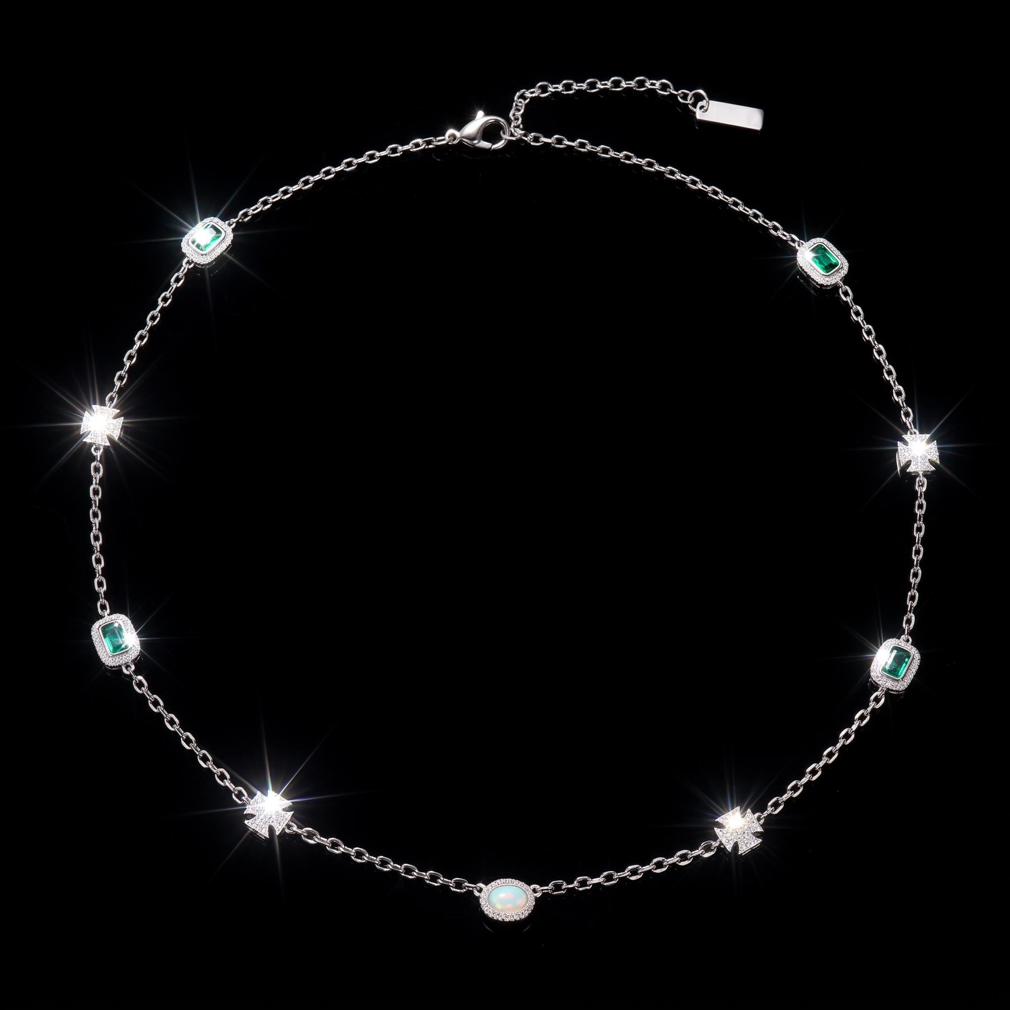 White Gold Plated Thin Emerald Iced Motifs Chain