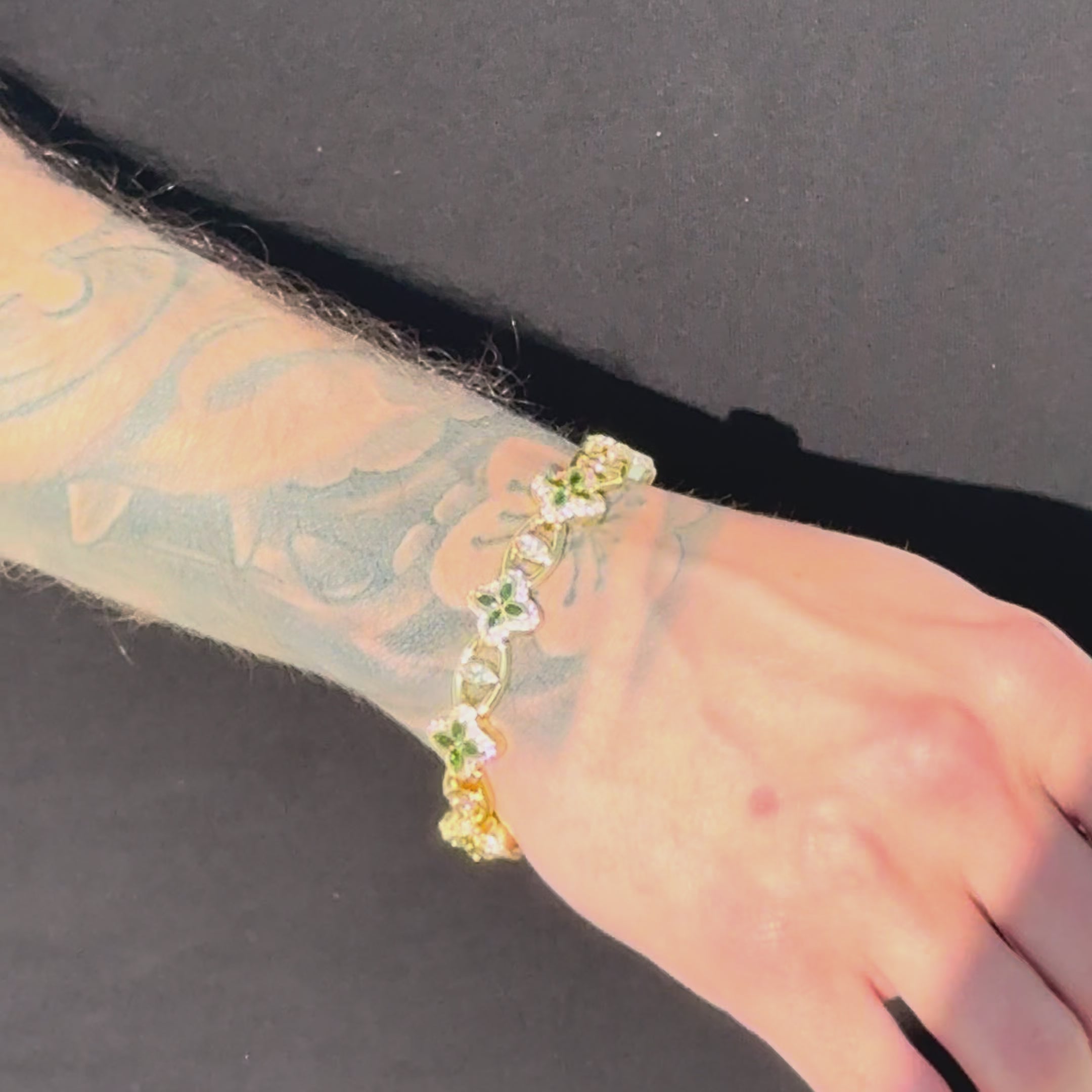14K Gold Plated 10mm Iced Green Clover Eyes Bracelet
