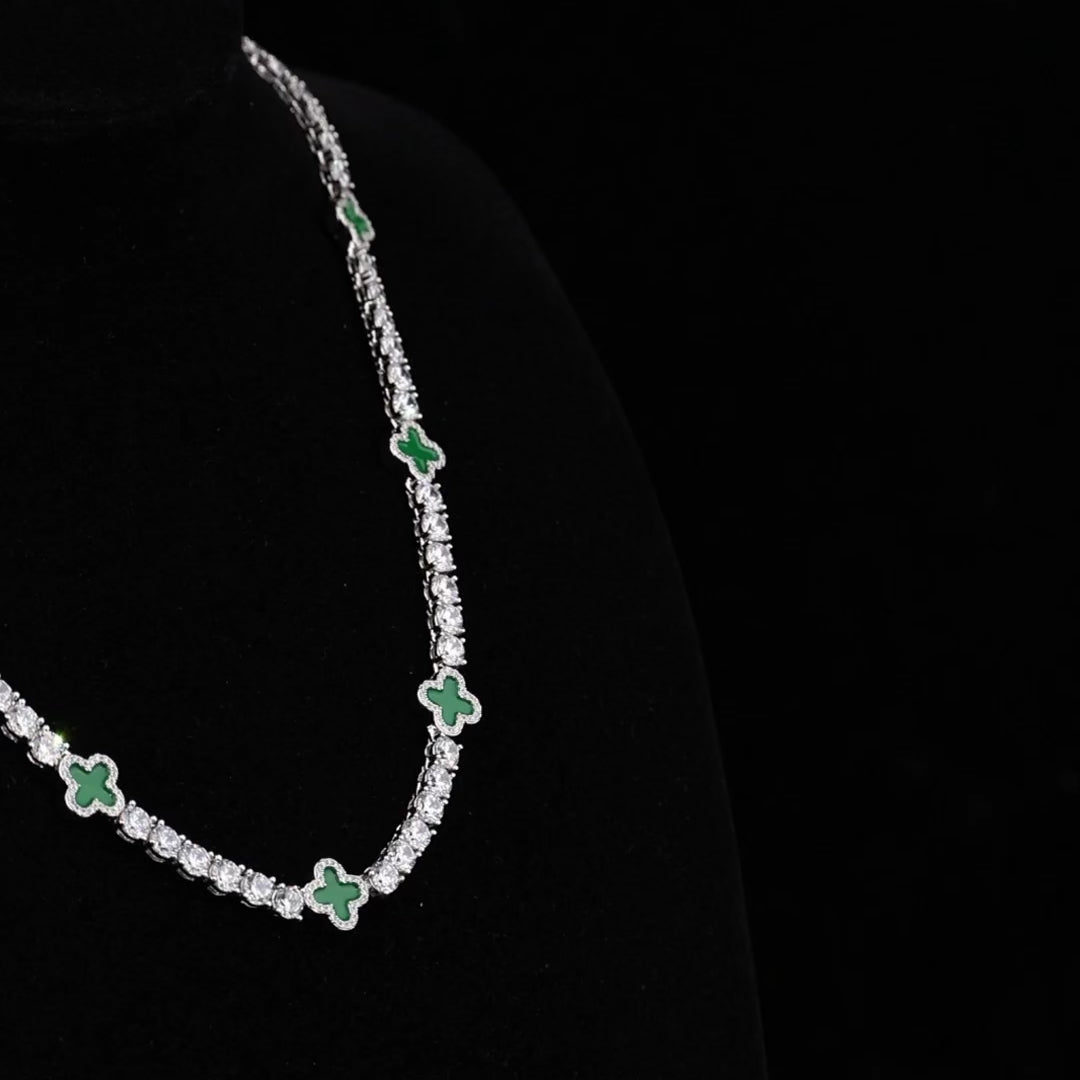 5mm Green Motif White Gold Plated Tennis Chain