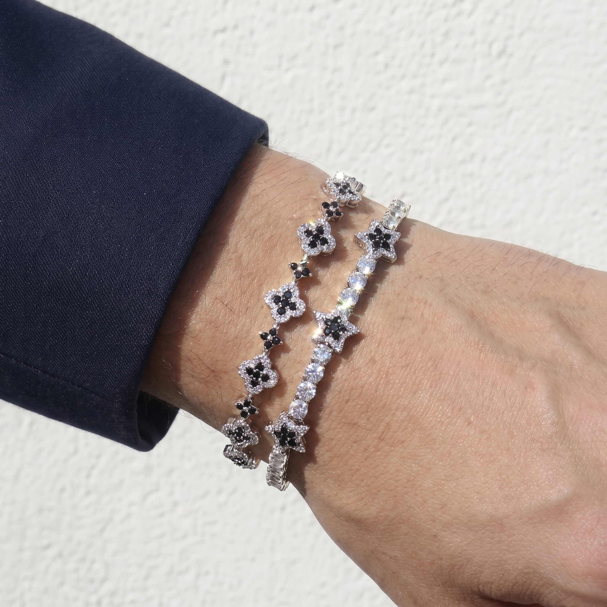 10mm White Gold Plated Black Star Motif Bracelet - 8mm White Gold Plated Black Motifs Bracelet SET