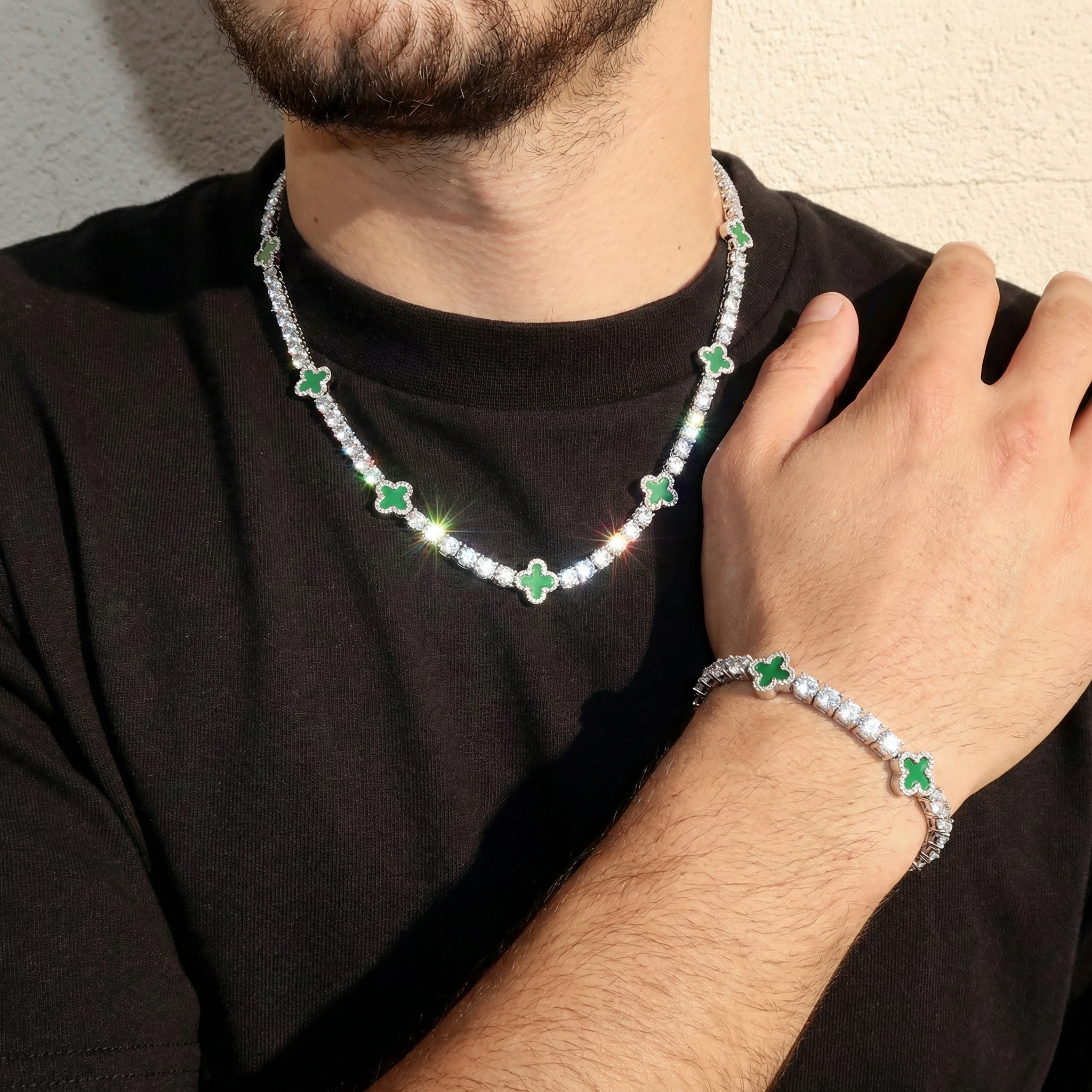 5mm Green Motif White Gold Plated Set